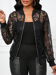 SHEIN Lady Women's Black Thin Lace Baseball Jacket Coat In Fall/Winter - Black - View 9
