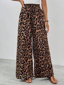 SHEIN Tall Pantalones súper anchos con estampado de leopardo de cintura alta para mujer con estilo - Multicolor - Ver 3