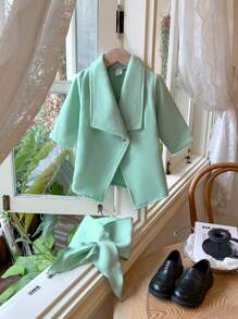 New Baby Girls' Woolen Coat Design With Scarf, Comfortable Green Plaid Slouchy Jacket Matched With Wrap Shawl, Elegant And High-Quality Outfit For Autumn And Winter - Green - View 3