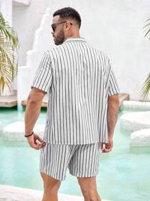 Manfinity Homme Men's Plus Size Striped Camp Collar Short Sleeve Casual Shirt And Shorts Set - Black and White - View 2