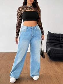 SHEIN EZwear Top de manga longa curta de estampa de leopardo Plus Size para mulher - Multicolorido - Visão 6