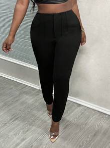 SHEIN PETITE CURVE Plus Size Petit 2024 New Simple Solid Color Bodycon Toothpick Pleated High Waist Work Cropped Pants For Women - Black - View 5