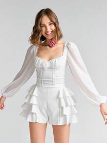 Enchnt 甜蜜心形領口燈籠袖褶皺胸前上衣 - 白色 - 查看 1