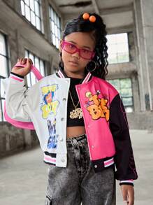 SHEIN Explorewe Tween Girls' Color Block Cartoon Alphabet Printed Front Button Coat With Long Sleeves, Y2k Clothes Kids Girls, Streetwear For Kids, Kids 80s Outfit, Crop Top Jacket Kids