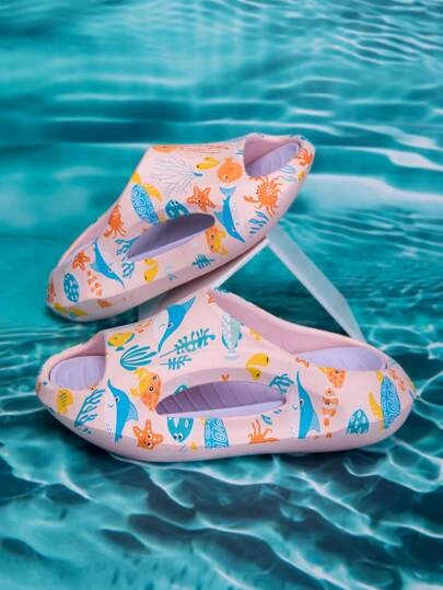 1 par de zapatillas suaves y cómodas, de estilo casual y ligero, con estampado del mundo oceánico en color rosa, para niñas, para primavera/verano