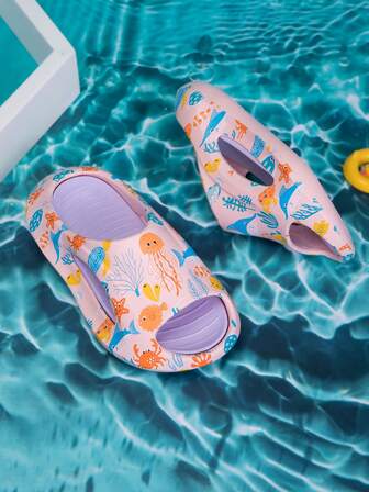 1双女童舒适、时尚、轻便、休闲、可爱、海底世界印花EVA软泡沫拖鞋，春夏款