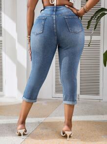 SHEIN VCAY Jeans Capri ajustados y sexys de talla grande con detalles destrozados y tejido elástico, color azul