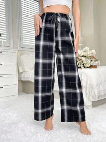 Plaid Print Tie Waist Lounge Cozy Pants, For Fall - Black - View 3