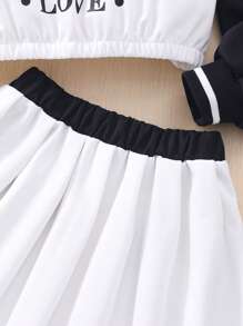 Teen Girl Colorblock Letter Printed Long Sleeve Top And Pleated Skirt Two Pieces Set - Black and White - View 7