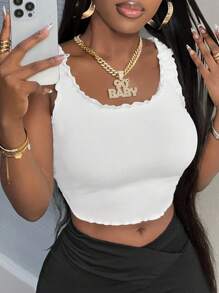 Slaydiva Camiseta básica dulce y linda blanca de ribete con correa de encaje, cuello redondo, sin mangas, elástica y ajustada para mujer, camiseta sin mangas de verano