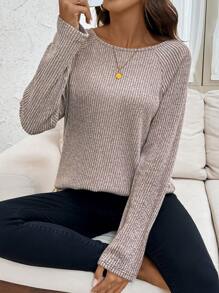 SHEIN LUNE 运动休闲跑步骑行慢跑篮球运动服女式 T 恤，圆领，不对称下摆，拉绒羊毛，纹理面料，温暖，休闲，舒适，秋冬季 - 杏色 - 查看 3