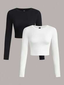 SHEIN PETITE 2 Packs Of Casual Simple Round Neck Long Sleeves Tight Cropped Women's T-Shirts - Multicolor - View 1