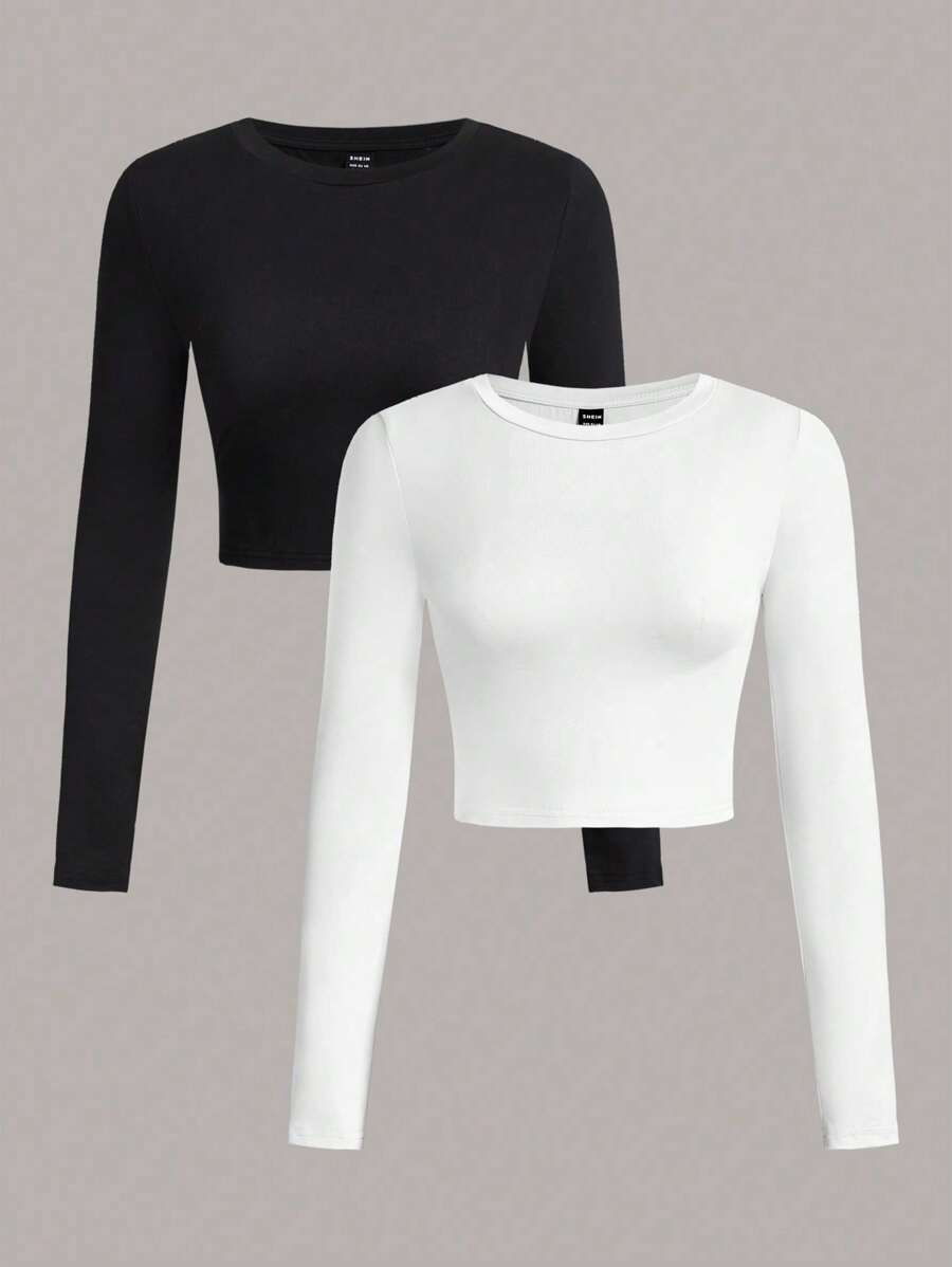 SHEIN PETITE 2 Packs Of Casual Simple Round Neck Long Sleeves Tight Cropped Women's T-Shirts - Multicolor - View 1