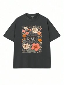 INAWLY 女士夏季花卉印花圆领落肩短袖宽松休闲 T 恤图案 T 恤女式上衣 - 深灰色 - 查看 3