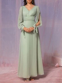 SHEIN Belle Elegante vestido verde salvia para mujer con tela fruncida de gasa, escote en V, pliegues en el pecho y la cintura, mangas largas con abertura transparente, lazo en la cintura y dobladillo en forma de A. Adecuado para bodas, festivales de música, eventos de regreso a la escuela y como vestidos de dama de honor. Tamaño estándar. - Verde - Ver 5