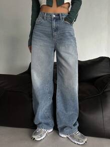 DAZY 斜口袋寬腳牛仔褲 - 中等水洗藍 - 查看 6