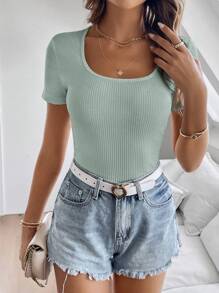 SHEIN Clasi Áo thun nữ tay ngắn cổ vuông màu trơn mùa hè kiểu dáng ôm vừa vặn - Màu xanh Bạc hà - Xem 4