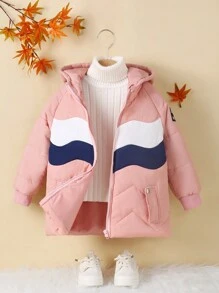 SHEIN Meninas da criança casual minimalista manga raglan solto contraste cor design falso bolso gola alta grossa à prova de vento quente jaqueta de inverno