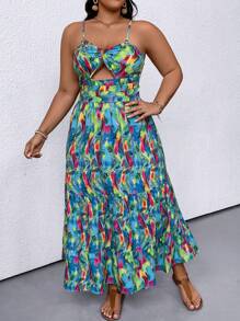 SHEIN Clasi Plus Allover Print Cut Out Front Cami Dress - Multicolor - View 4
