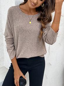 SHEIN LUNE 运动休闲跑步骑行慢跑篮球运动服女式 T 恤，圆领，不对称下摆，拉绒羊毛，纹理面料，温暖，休闲，舒适，秋冬季 - 杏色 - 查看 4