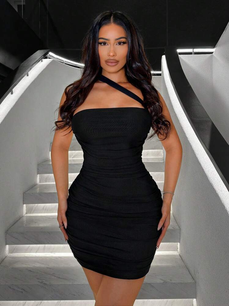 shein sxy ruched mesh bodycon dress SHEIN SXY One Shoulder Ruched Mesh Bodycon Dress