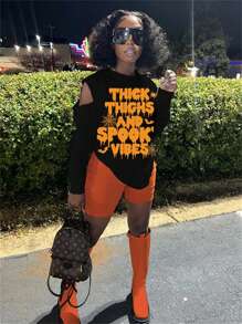 SHEIN SXY Plus Size Women's Autumn Halloween Vibes Slogan Pattern Hollow Out Casual Off-The-Shoulder Sweater Autumn Women's Wear Graphic Tees Women
