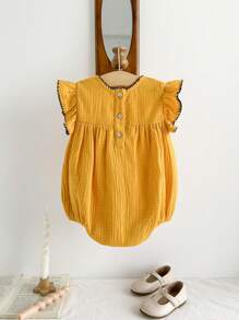 Cozy Pixies Bộ đồ liền thân cổ tròn in hoa cho bé gái có viền xếp nếp - Màu vàng - Xem 2