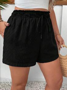 SHEIN LUNE Plus Paperbag Waist Knot Front Shorts - Black - View 5