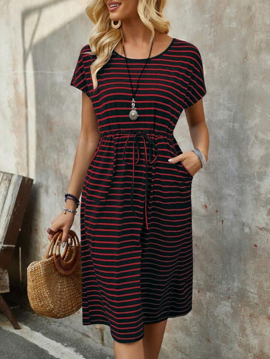 EMERY ROSE Women's Striped Drawstring Waist Slant Pocket Casual Dress For Summer - Multicolor - View 1