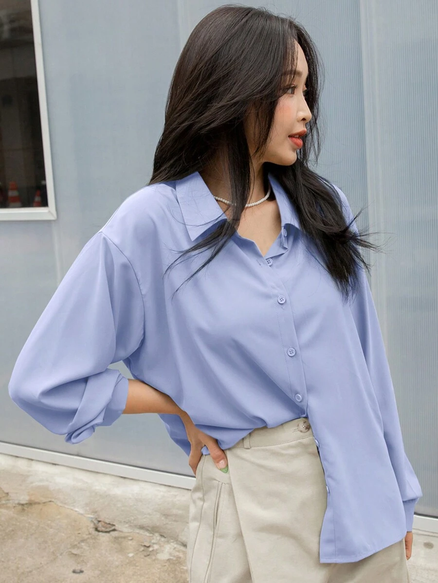 DAZY Solid Button Front Drop Shoulder Casual Shirt In Women,Fall Women Clothes Long Sleeve Top - Blue - View 1
