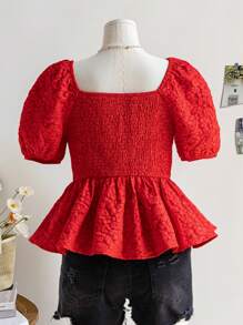 Dreamara Bluse mit Koboldärmeln und Jacquardmuster Große Größen für Damen, Rücken-Joch und gesammeltem Taillenbund, A-Linie Schnitt, rot, Sommer-Ferien-Stil - Rot - Übersicht 2