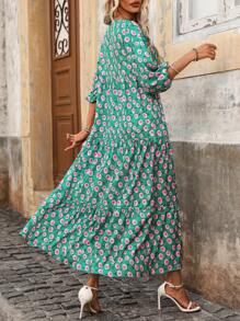 SHEIN LUNE Women Summer Long Bubble Sleeve Dress With Rose Print - Green - View 2