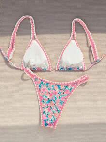 Swim Mod Set Bikini Pantai Musim Panas Wanita Motif Bunga dengan Hiasan Bunga dan Cetakan Seksi, Motif Acak - MultiWarna - View 3