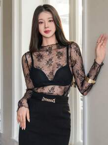 DAZY Women's Simple Daily Wear See-Through Lace Top Going Out Tops Sheer Long Sleeve Women Tops,Fall Women Clothes Valentine's Day - Black - View 5