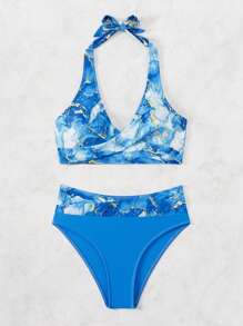 女士夏季沙灘大理石印花頸掛式比基尼泳裝 - 彩色 - 查看 4