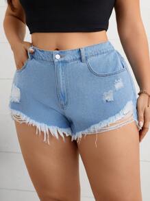 SHEIN Clasi Women's Plus Size Solid Color Simple Casual Denim Shorts - Light Wash - View 4