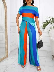 SHEIN Lady Maglioni eleganti a maniche a campana con collo rotondo in misto lana, a righe bianche e nere, taglie comode per l'autunno e l'inverno - Multicolore - Visualizzare 4