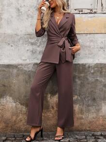 SHEIN Clasi Lapel Neck Knot Side Blazer & Wide Leg Pants - Purple - View 5