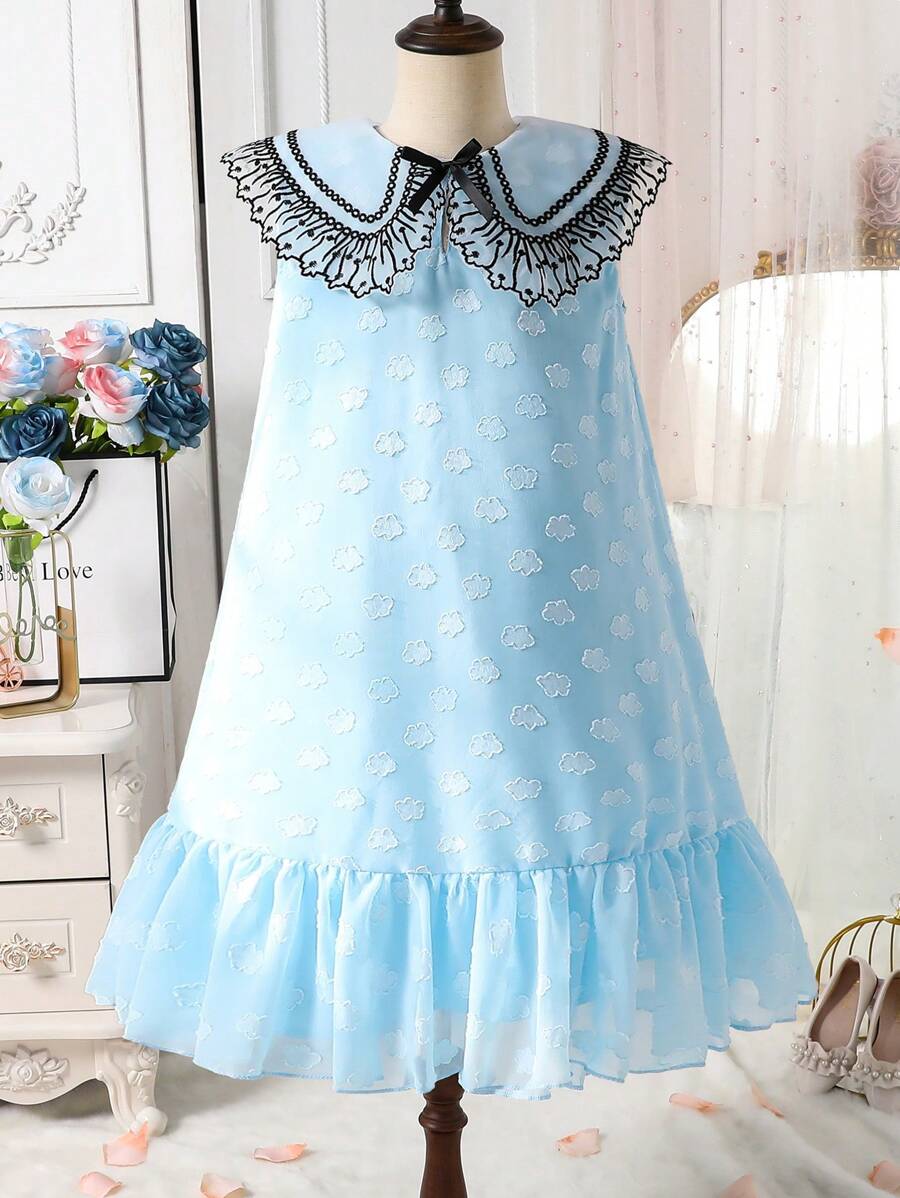 SHEIN 少女优雅可爱的都市学院风碎花彼得潘领连衣裙 - 藍色 - 查看 1