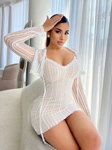 SHEIN SXY Conjunto de vestido elegante de encaje sexy con cárdigan 2 piezas - Blanco - Ver 5