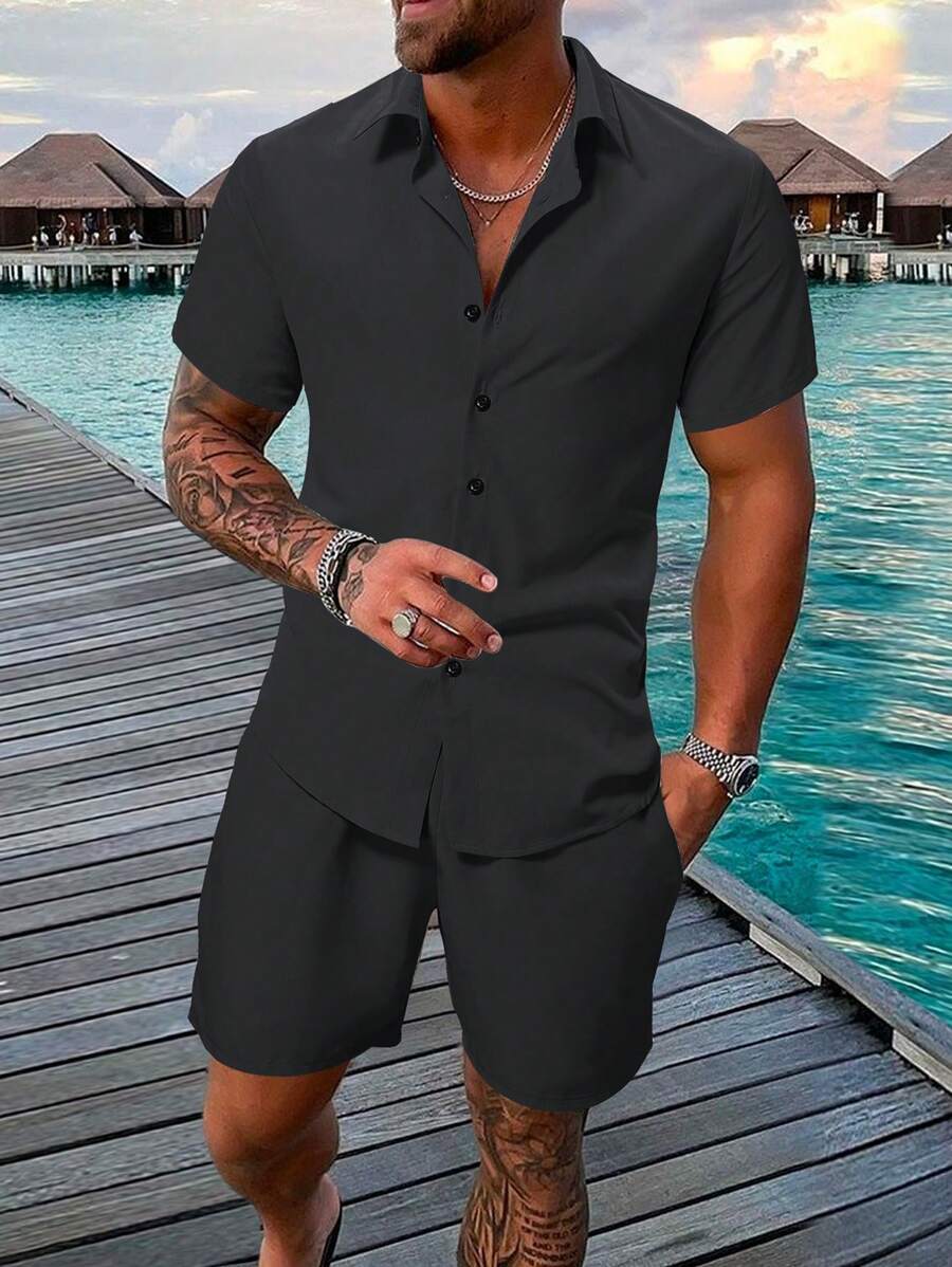 Manfinity RSRT 男士純色短袖襯衫和短褲休閒度假套裝 - 黑色 - 查看 1
