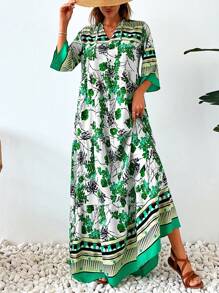 SHEIN Cottnline 全印花V領燈籠袖大裙長裙 - 綠色 - 查看 5