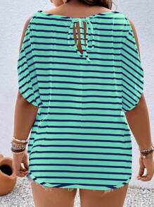 Franclia Camiseta holgada de manga corta y hombros abiertos a rayas para mujer de talla grande, camisetas gráficas de verano para mujeres, Día de San Patricio