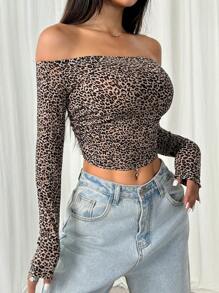 SHEIN EZwear 女士豹紋無肩頸長袖T恤，春夏季 - 卡其色 - 查看 4