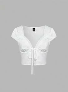 Sweetra Camisa de mujer brillante de verano con empalme de encaje, cuello en V y teñido anudado