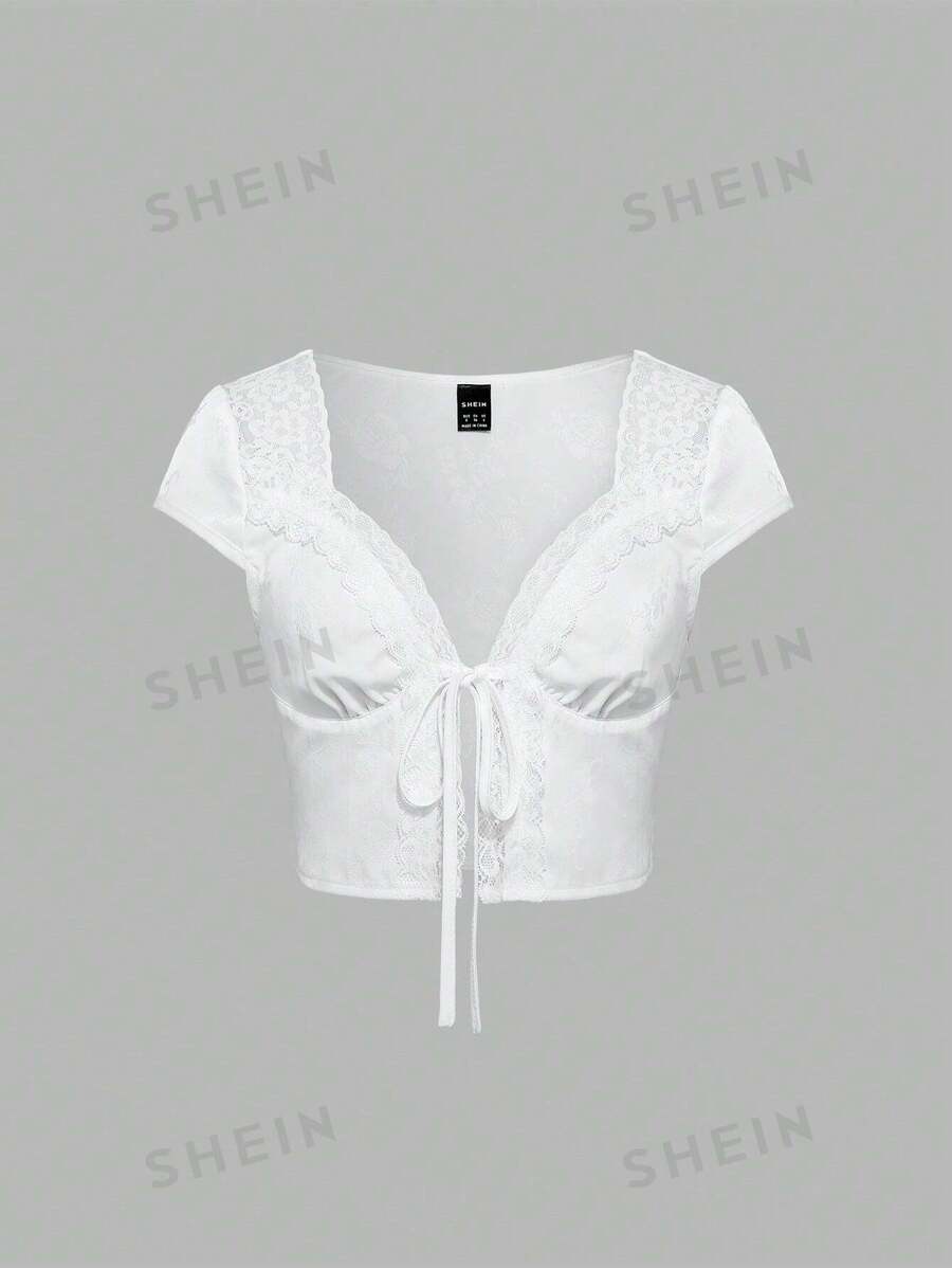 Sweetra Camisa de mujer brillante de verano con empalme de encaje, cuello en V y teñido anudado