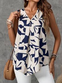 EMERY ROSE Women's Summer Sleeveless V-Neck Shirt With Geometric Pattern - Multicolor - View 4