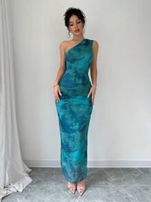 Selianne 女士奢华晚礼服，扎染印花不对称领口无袖性感连衣裙 - 綠色 - 查看 4