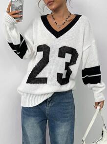 StreetHx 女士时尚镂空针织毛衣，V 领设计，学院风，长袖上衣 - 黑與白 - 查看 4