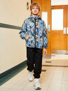 Tween Boys' Hooded Printed Jacket, Autumn - Multicolor - View 5